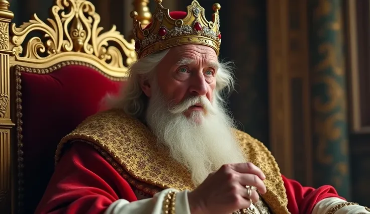 An elderly king, dressed in ancient royal attire, wearing a golden crown, sitting on a royal throne, deep in thought, with a white beard and e, surrounded by lavish decorations, a simple palace in the background.