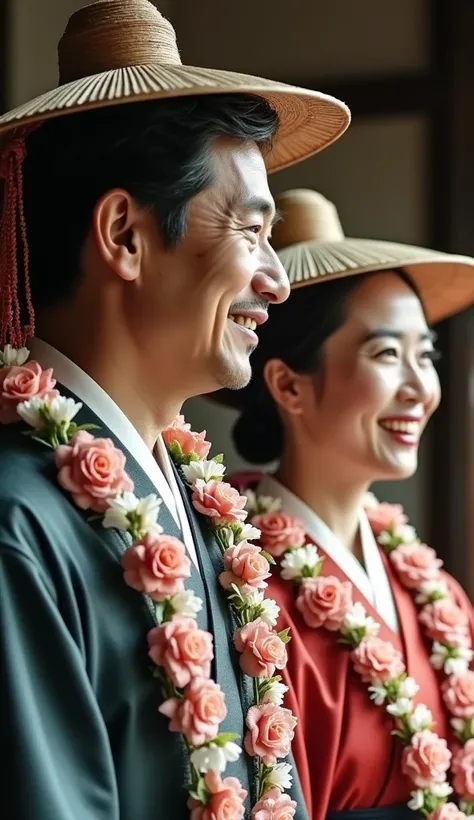 A Japanese man who looks 45-50 years old, a woman aged 45-50 is getting married, they have wreaths of flowers around their necks, they have traditional hats on their heads, ancient period,cinematic,8k,ancient period