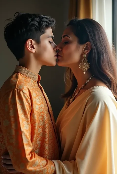 Natural fair skin housewife wearing straight line kurti kissing Sixteen year old boy, her bosom visible