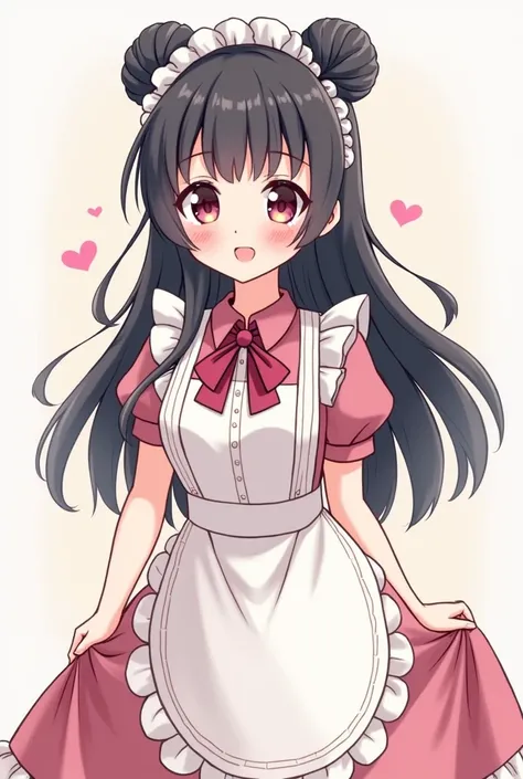 Generate an anime girl with bangs ,  black hair,  two bunguitos tied up wearing a maid costume