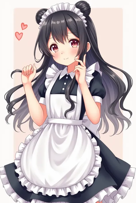 Generate an anime girl with bangs ,  black hair,  two bunguitos tied up wearing a maid costume