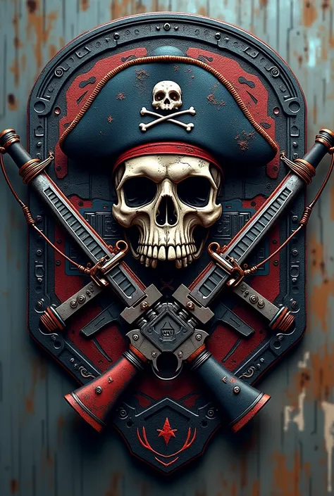 Airsoft patch with a highly detailed cyber pirate skull with hat, airsoft replica and sword , Inscription Graffiti "Never Pirate Dead" 


