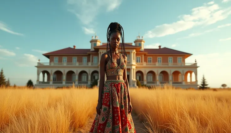 Create images of African woman with very big breasA grand mansion decorated for Christmas, owned by the Adebayo family, is set in a vast sunny landscape. The mansion is imposing, with elegant Christmas decorations and twinkling lights. In front of the mans...