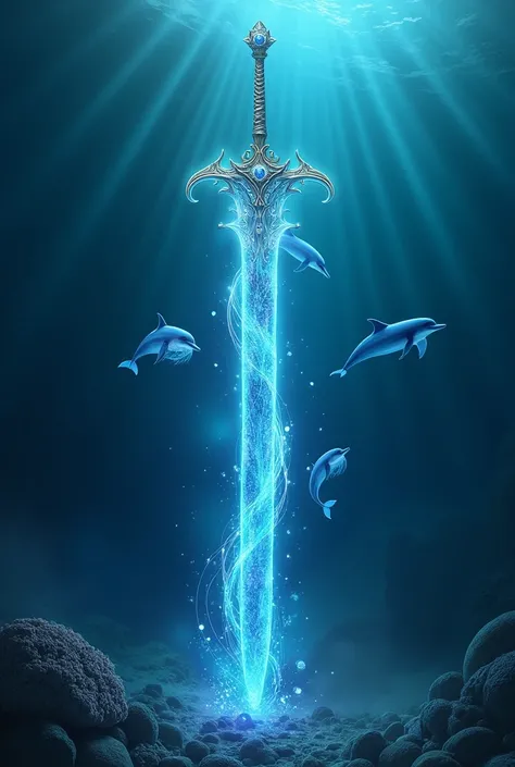 "A mystical greatsword infused with the soul of a marine creature, designed with an aquatic theme. The blade shimmers like the surface of the ocean, with a translucent, glowing effect that reveals the silhouette of ethereal dolphins or jellyfish swimming w...