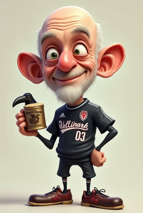  Make a caricature of an old man without a beard and bald, holding a crow mug and team top  