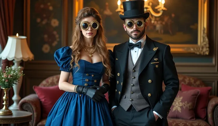  steampunk couple with Googgle glasses dressed in Belle Epoque steampunk costumes in a Victorian style room with a lot of wealth and expensive objects, She wears a long dress in indigo blue and he wears a suit and bow tie and vest fashionable from the 1800...