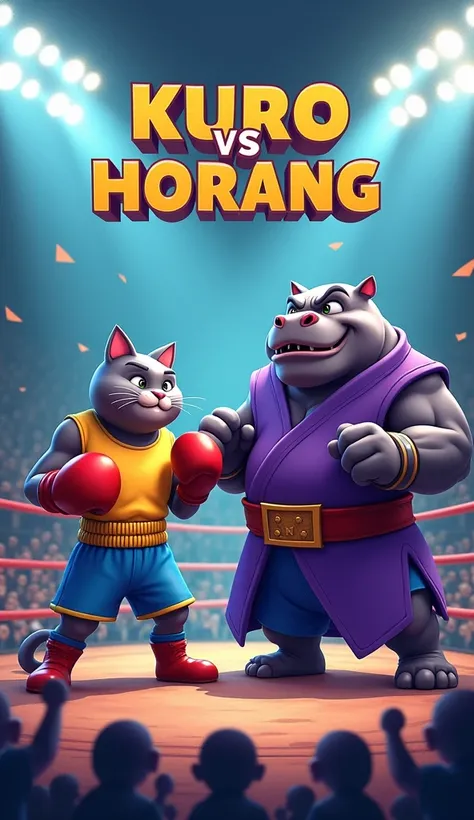 Create an image of a large banner displayed in a stadium showcasing an intense boxing match between Kuro and HORANG. The banner should be vibrant and dramatic, with bold, eye-catching fonts for the names KURO vs HORANG. Kuro is the son of Toby, a young, de...