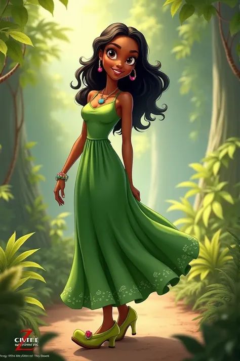 Tiana Disney princess ,  who is a cute  with loose hair ,  a green dress and green shoe with big, tender eyes