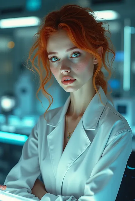   A slender young woman with fine features ,  whose hair is curly and bright copper red ,  She has aquamarine green eyes and freckles ñ .   She wears a scientists coat and is in a futuristic laboratory. She wears delicate glasses 