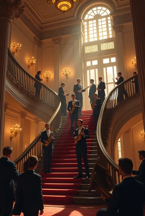 mansion, band plays in the background, classic music band at the top of the stairs