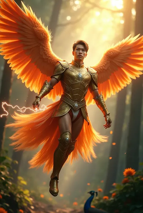 Full body wide shot, Phoenix Man has a face of a Thai man, very handsome, holding the sun in his left hand, Muscular, big muscles, wearing gold openwork knight armor decorated with large diamonds,  shin guards inspired by eagle scales, shoes inspired by ea...