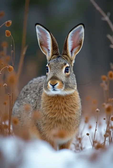 Wide image ,  - Forest hare in brown environment ,  with little snow . Turkki on osittain ruskea.  Around bushes ,  with green leaves even in winter .   So that the picture is taken from above and shows large traces of the climatic environment