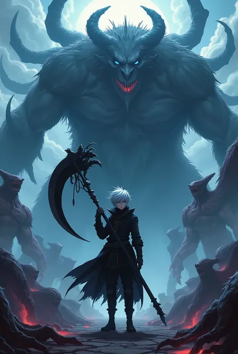 18 year old male anime character with ash colored hair and crystal blue eyes, wearing black clothes, holding a huge black scythe  surrounded by myriads of giant beasts