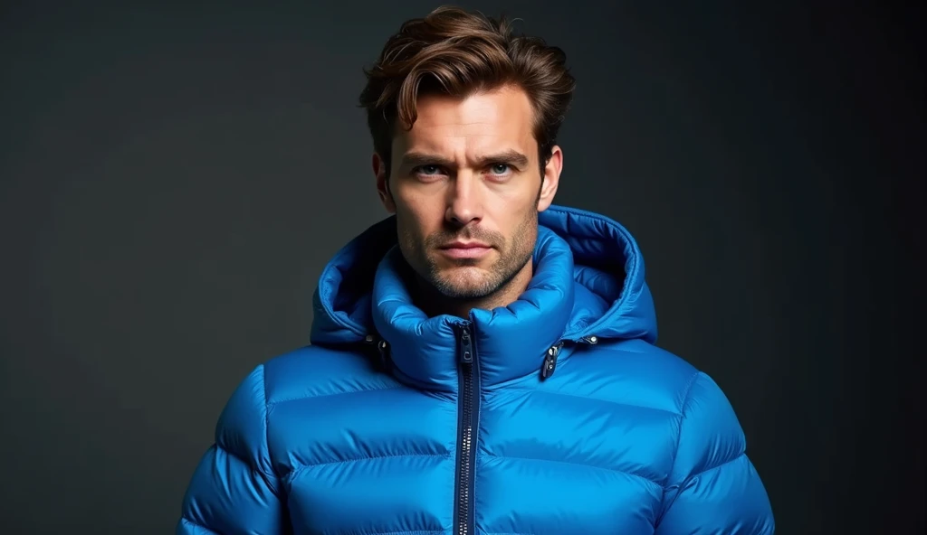 The image features a man standing straight, facing the camera. He has a sharp jawline, wavy brown hair, and a serious, focused expression. He is wearing a bright blue puffer jacket with a hood, which stands out vividly against the darker, more subdued colo...