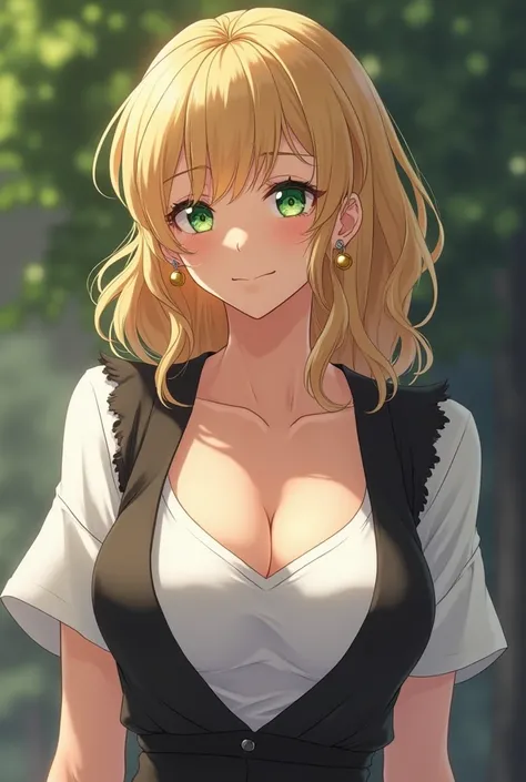 45-year-old fantasy anime woman with gold earrings, gold and silver ring on her finger. A white dress with a black fem vest on, D-cup breasts and balanced body, simple and shiny white t-shirt under the jacket, shiny green eyes, beautiful and kind face, gol...