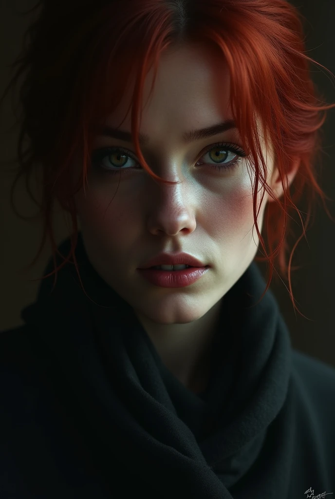 A half face of a woman with red hair and her eyes be blurred