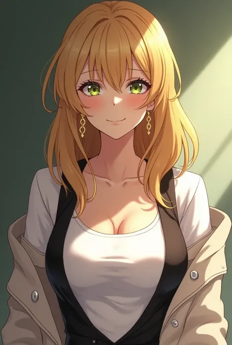 45-year-old fantasy anime woman with gold earrings, gold and silver ring on her finger. A white dress with a black fem vest on, D-cup breasts and balanced body, simple and shiny white t-shirt under the jacket, shiny green eyes, beautiful and kind face, gol...