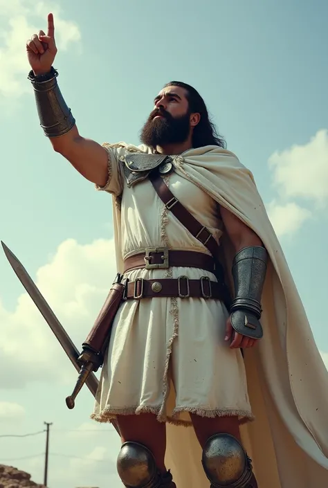  warrior in a very damaged white suit ,  raising his hand of victory and looking up to the sky ,  with another hand carrying a very heavy sword this time without pointing at the sky, long hair with a good beard  