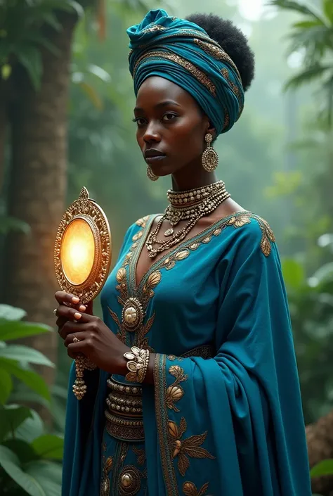  Black Woman, blue clothes, African goddess, Blue turban, shell necklaces, Mirror in hand