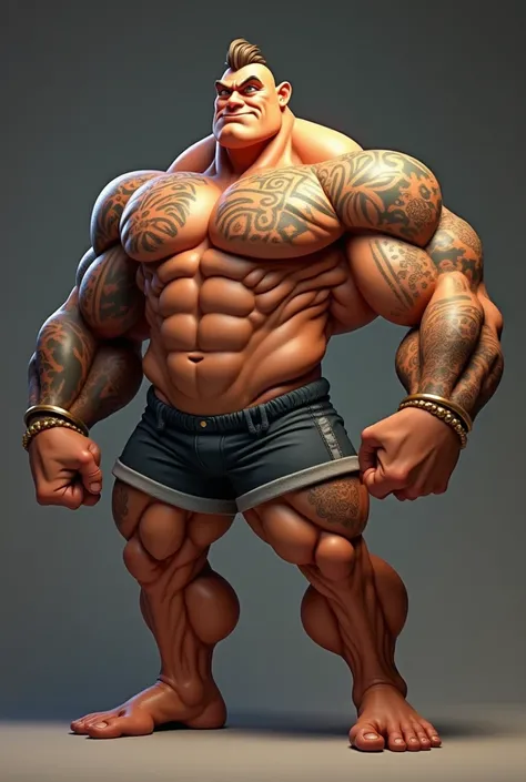  Create a Pixar cartoon character,  extremely muscular and imposing physique ,  the result of years dedicated to bodybuilding .  It has a height between 1 ,80 and 1 , 85 meters and weighs around 100 to 120 kg ,  depending on the training phase you are in ....