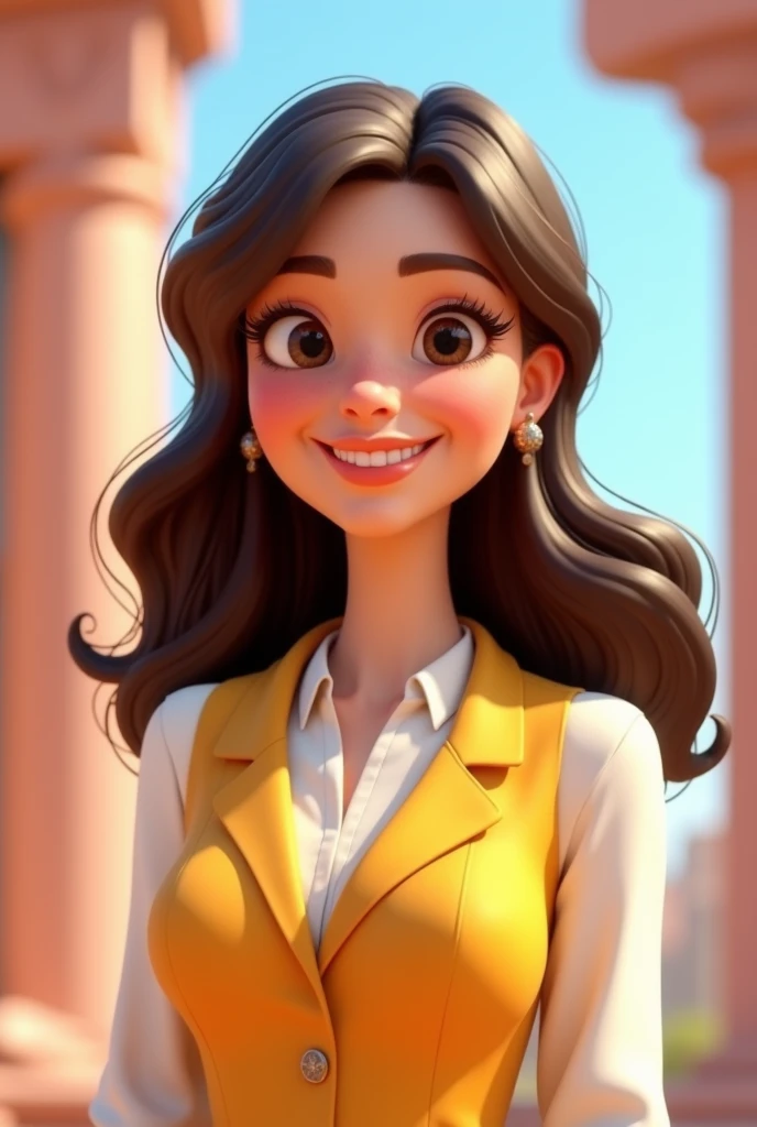  Prompts or description of the characteristics : I want PIXAR-style 3D with a 25-year-old brunette woman with straight, long and curly hair,  white blouse,Yellow vest or blaze 