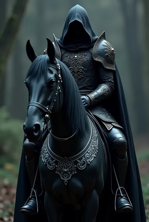  Looking for a man with a hood over his head is visible a black cloak and a black decorated gothic armour sitting on a black war horse .Mystical in a dark black citation in Gothic style 