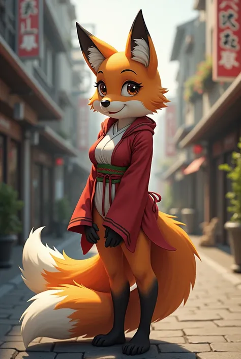 kimiko, furry female anthro, fox girl, portrait, bodysuit, feet, multiple tails,  multi tail, solo, body fur, (best quality), detailed nature background, urban, cinematic lighting, looking at viewer,  