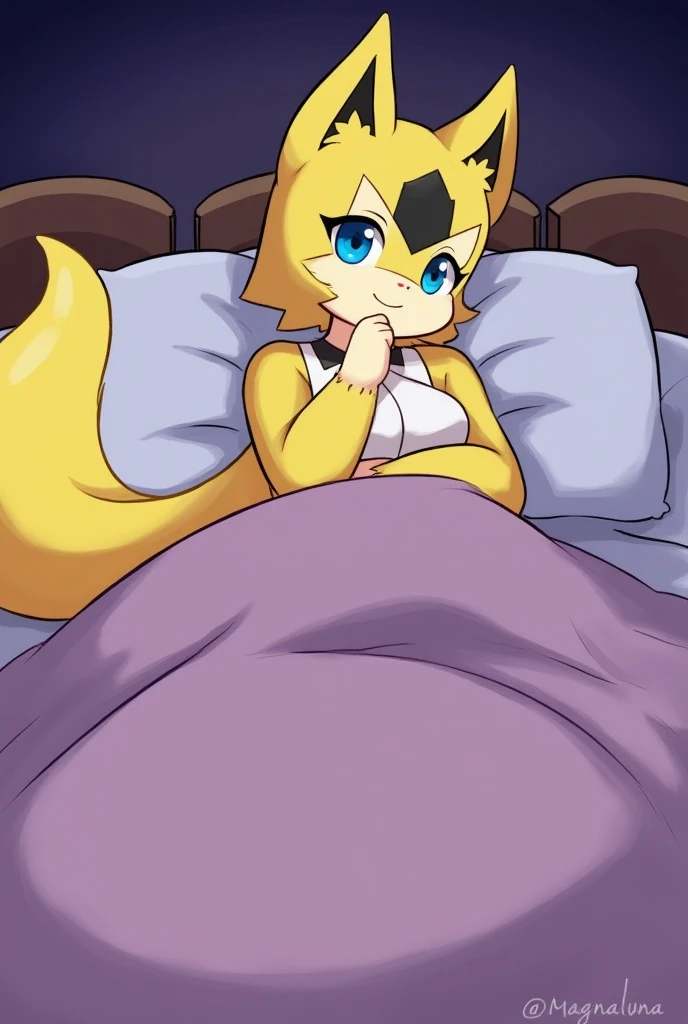 core_9, score_8_up, score_7_up, source_furry, rating_safe, by magnaluna, 1girl, anthro, renamon,  yellow fur, blue eyes, black sclera, detailed fur, bedroom, bed, purple sheets, night, detailed background, best quality, clothing