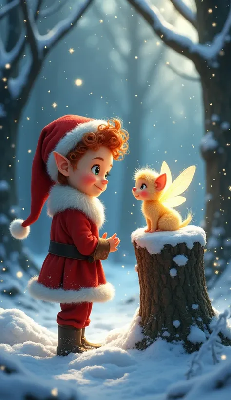 Prompt:  a realistic illustration of a young Santa Claus Elf with big eyes ,  freckles and curly red hair in battle .  He looks in wonder at a small light fairy on top of a snow-covered trunk, with stars and fairy dust .  The elf gently approaches the fair...