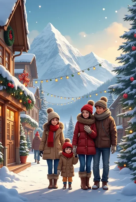 A family on the street wearing warm clothes and Christmas decorations on the street.  in the background ,  snowy mountains 