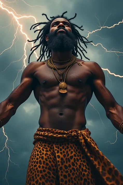 A powerfull orisha of thunder, with a rugged bearded face. wearing a leopard skin  garment that wraps around his lowrr body, He hovers in the sky with dark storm clouds and streaks of lightin
Sparks crackle all over his exposed muscular upper body. Wide op...