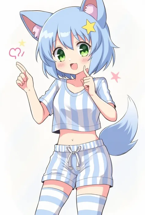 1girl, rolo, furry, body_fur, rolo_stuff, green_eyes, solo, tail, +_+, ahoge, blue_hair, blush, shirt, crop top, star-shaped_pupils, star_(symbol), star_hair_ornament, striped, striped_legwear, thighhighs, shorts, wariza