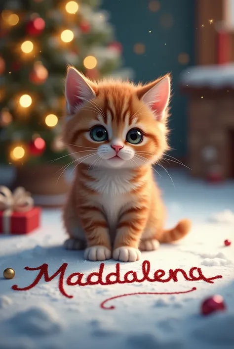 Christmas kitten who writes the name Maddalena 