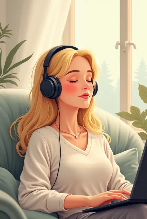 illustration of a  blondewoman, which i can put in a presentation about music therapy, she is listening music