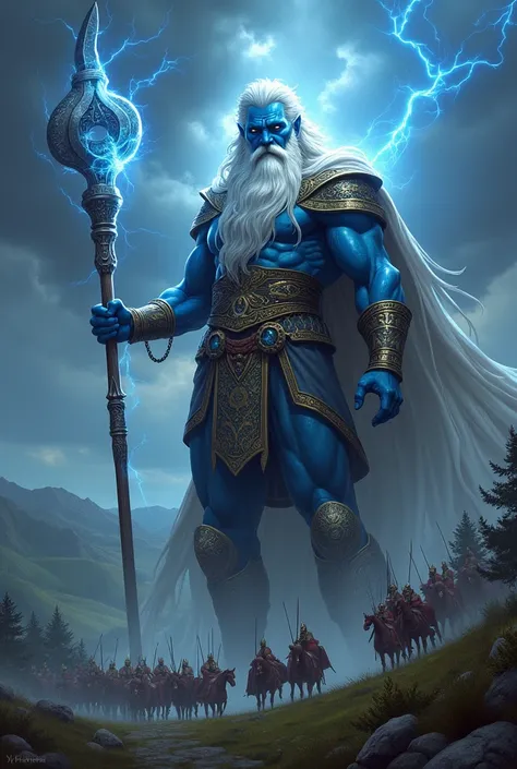 Blue god with white beard defending his people from the clutches of the Romans.