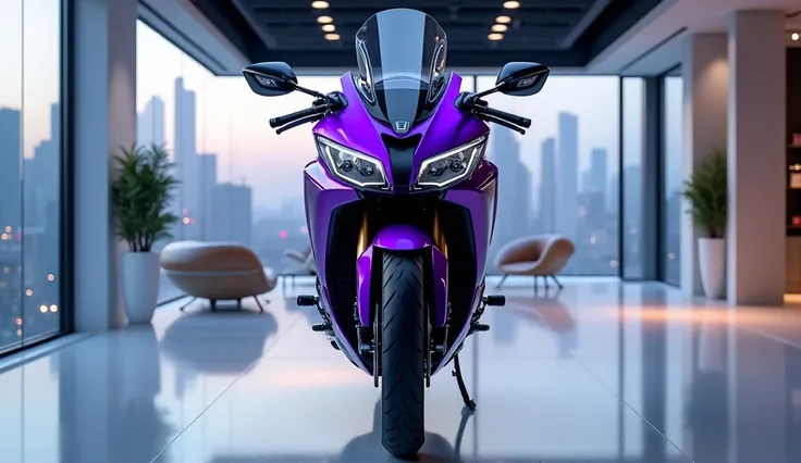 A stunning 2025 Honda Goldwing gct motorcycle stands proudly in a sleek, modern showroom. The front view showcases the sleek handlebars, distinctive frame design, and intricate details of the front wheel and brake system. The bikes vibrant purple color con...