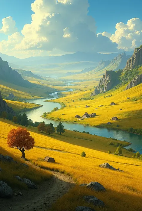  A vast fantasy landscape that represents In the region of Dralmar ,  characterized by endless golden meadows and rolling green hills that extend to the horizon.  Small crystalline rivers wind through the earth ,  reflecting sunlight ,  as gentle winds mov...