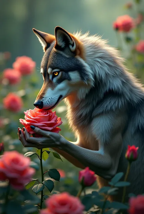 Anthropomorphic wolf caressing a rose 