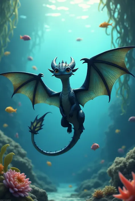 
make a dragon left whose element is sweet and kind , it should be a trip to Toothless from “How to Train Your Dragon” only aquatic with big wings 