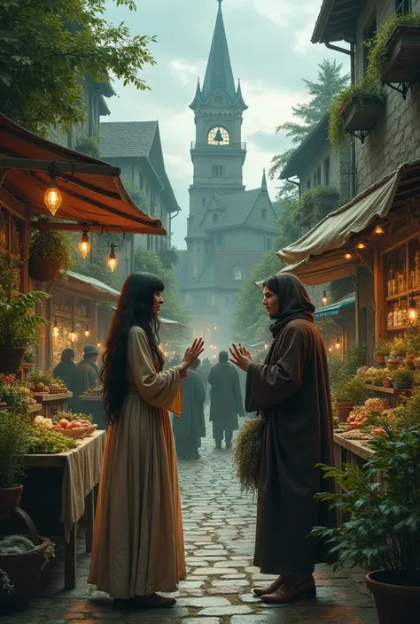 The lady talking to a person in the square where she sells all kinds of plants ,  Of the evening mass , witchcraft