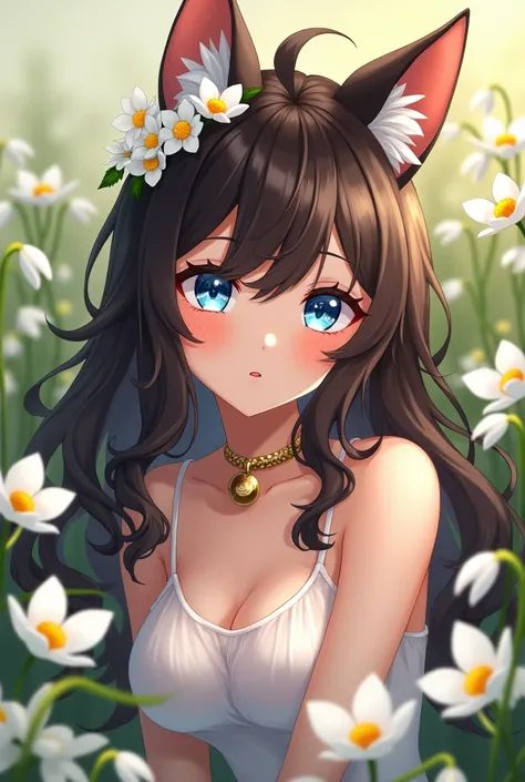 best quality,best resolution,extreme detailed,(young 1.6), dog girl,small breasts,dark brown long hair,wavy hair, blue eyes, glister eyes, sparkle eyes, gold canine ears, gold fur, flower hair ornaments,small bell collar, girl buried among white lilies of ...