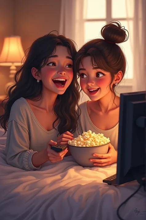  2 girls on the bed who laugh . .
 one has long black hair and a long , loose top.  the other has brown hair and a Messi bun ,  she has popcorn in her hand and a remote control. Both are looking at your TV  