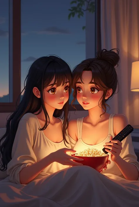 2 girls on bed smiling. .
 one has long black hair and a long , loose top.  the other has brown hair and a Messi bun ,  she has popcorn in her hand and a remote control. Both are looking at your TV  