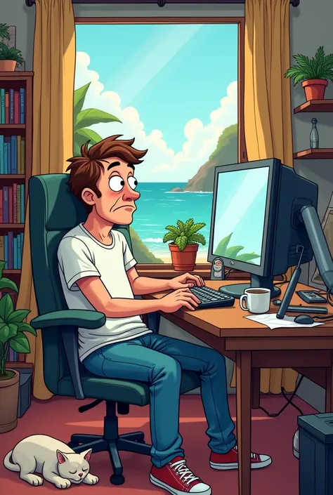 A humorous comic-style depiction of a man sitting at a computer, gazing at the SeaArt AI tool with a look of boredom.