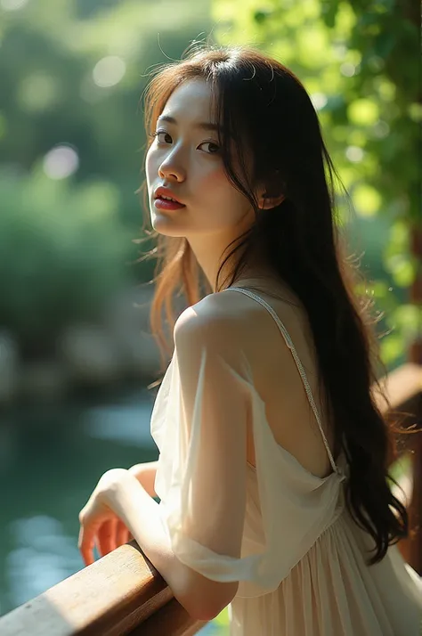 Asian Woman, slender, long dark hair, pale skin, loose invisible sheer silk nightgown adorned, leaning on wooden railing, looking up at sky, lush green garden background, low angle shot, flowing dress, long black hair, greenery, water feature, soft natural...