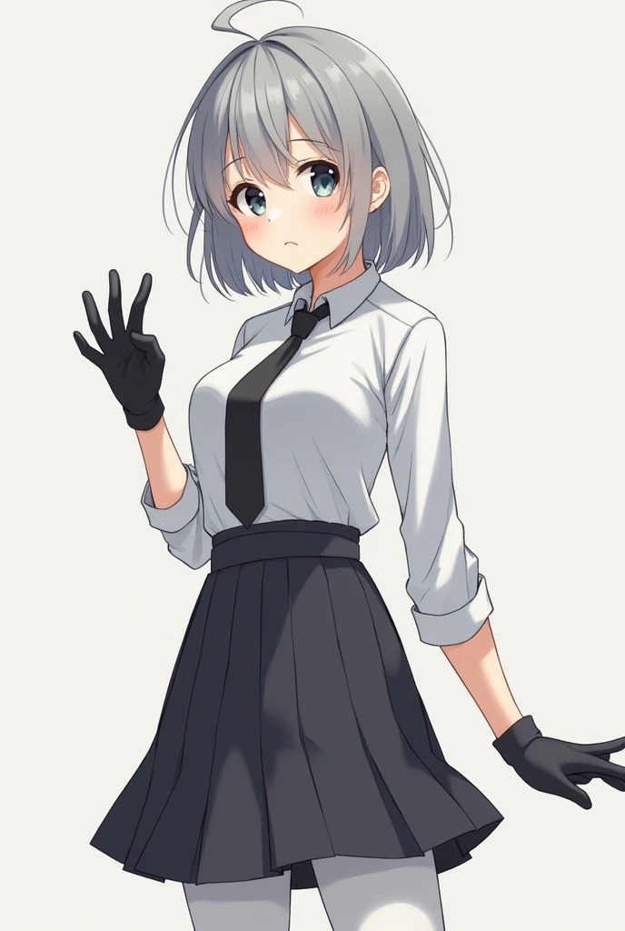  Popular bully at school , but nice and comfortable . Medium-sized girl . grey hair,  stoned black eyes that were very small.wearing a white blouse, black tie and skirt , White leggings below the knees and black heel .sleeves rolled up, and wearing a black...