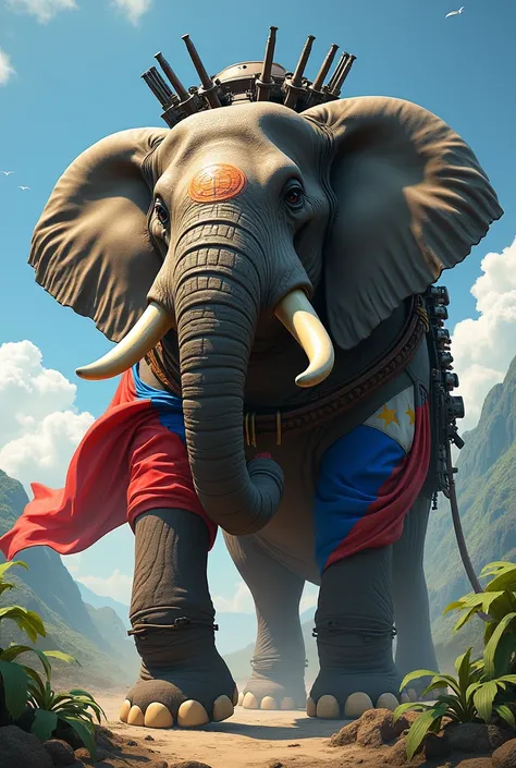 Elephant with weapons and the Philippine flag 