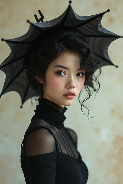 Portrait of a woman with umbrella-style hair