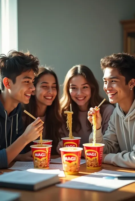 "Create a hyper-realistic image of a group of 4 to 5 teenagers, aged between 15 and 19, sitting together in a cozy study environment, eating instant noodles from MAGGI-branded cups. Each young person has natural, realistic facial features, wearing casual c...