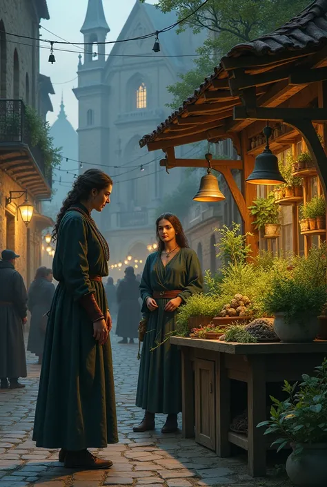 The lady talking to a person in the square where she sells all kinds of plants ,  Of the evening mass , witchcraft, La Yerbatera  ,  the church bells ringing